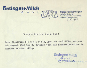 Arbeitsbescheinigung als Molkereiarbeiter für Siegfried Neukirch