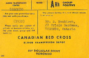 Blutgruppenausweis A+ aus Toronto für Siegfried Neukirch