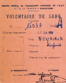 Blutspendeausweis Dakar-Fann (Senegal) für Siegfried Neukirch