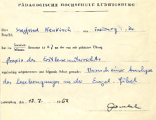 Studienbescheinigung Pädagogische Hochschule Ludwigsburg für Siegfried Neukirch