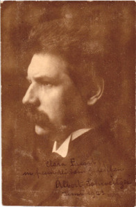 Kurzbrief von Emmy Martin an Clara Faisst, beiliegend ein Foto von Albert Schweitzer mit Widmung