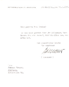 Brief von Konrad Adenauer an Johanna Krauss