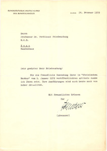 Brief von Konrad Adenauer an Prof. Dr. Ferdinand Friedensburg