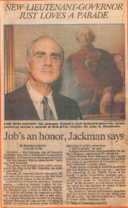 Artikel über Hal Jackmann, Mann von Maruja Duncan, zu seiner Wahl zum Lieutenant-Governor von Ontario 1991