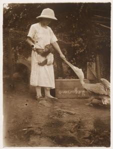 Emma Hausknecht mit Schimpansenbaby und Pelikan